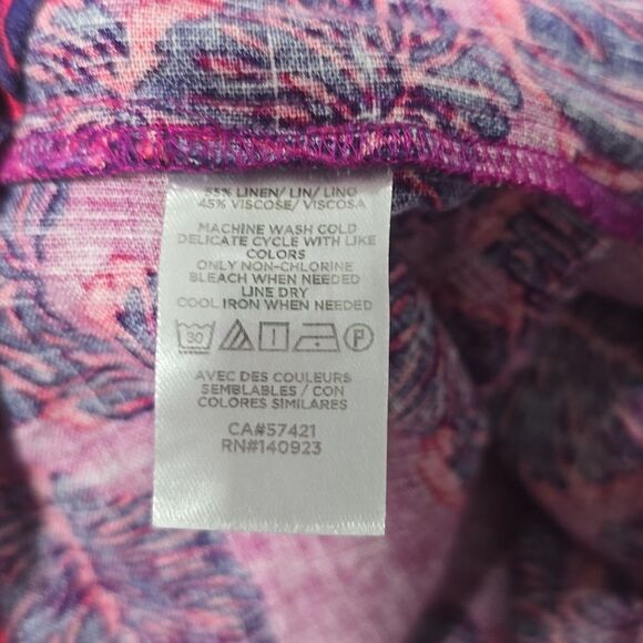 Loft Linen Blend Dress Fuchsia Leaf Print Ruffle Hem Medium - Picture 7 of 9